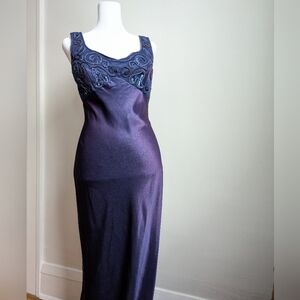 90s Vintage Iridescent Purple Beaded Sequin Satin Evening Gown Sz 7/8 Witchcore